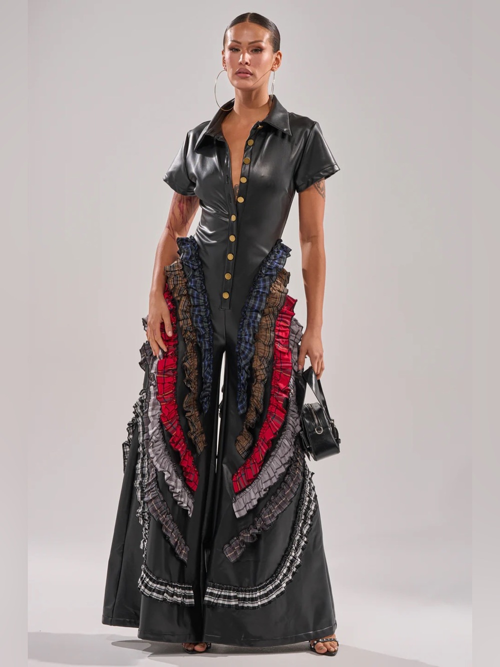 Black Faux Leather Maxi Dress with Ruffle Panels - Picture 4 of 7